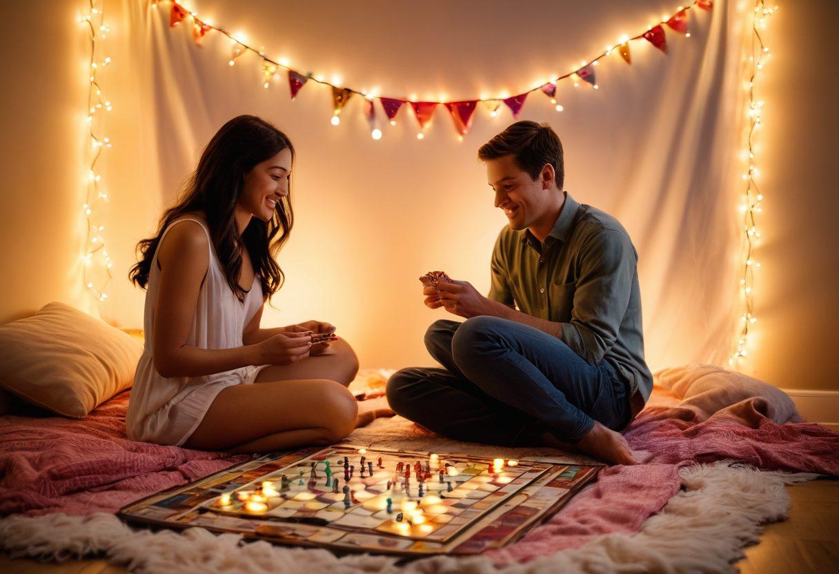A cozy, intimate setting with a couple sitting on a soft, colorful blanket, joyfully playing a board game, surrounded by twinkling fairy lights and scattered game pieces. Romantic elements like heart-shaped snacks and a gentle sunset glow in the background to evoke warmth and affection. The scene conveys laughter and connection between the couple. vibrant colors. warm lighting. super-realistic.