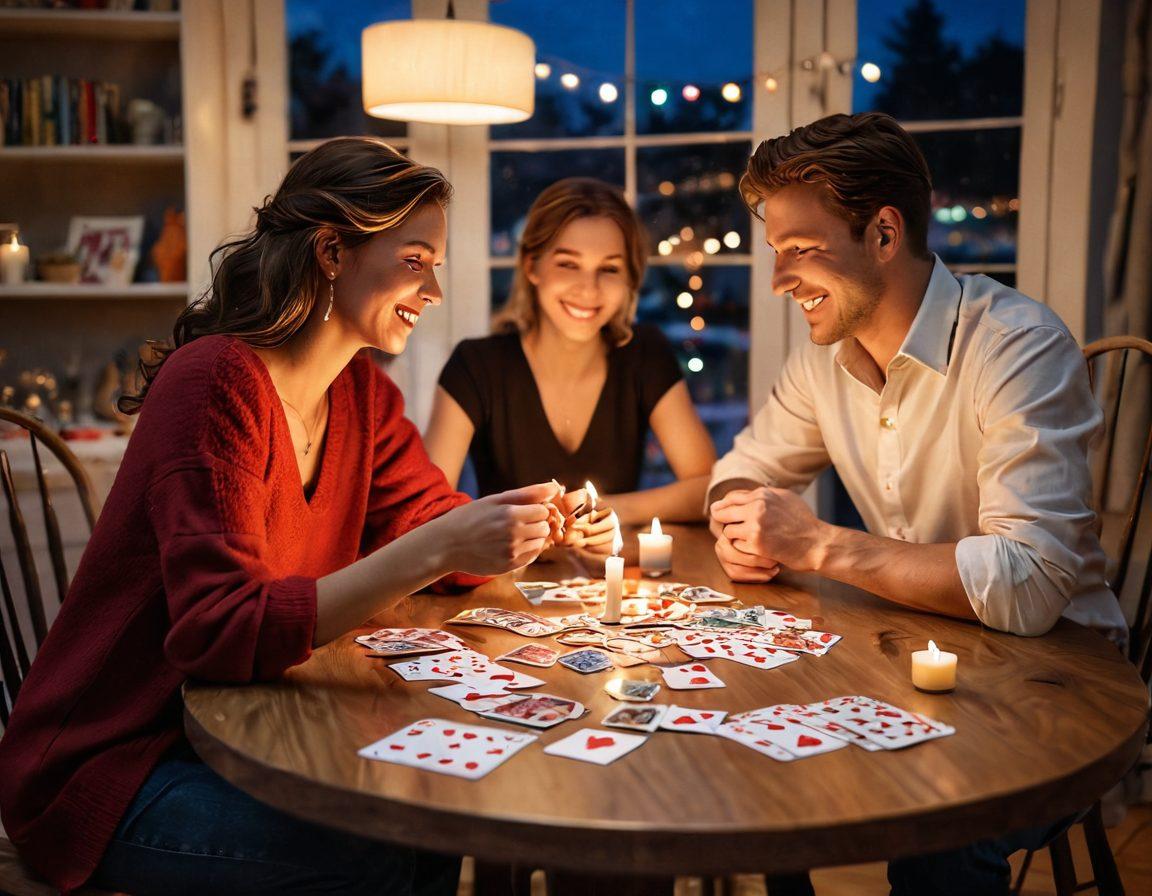 A cozy, romantic scene featuring a beautifully set table with an array of colorful playing cards, candles, and small heart-shaped decorations. In the background, a couple is playfully engaged in a game, laughing and enjoying their moment together. Soft, warm lighting illuminates the setting, enhancing the atmosphere of love and connection. Illustrative style with vibrant colors. cozy atmosphere.