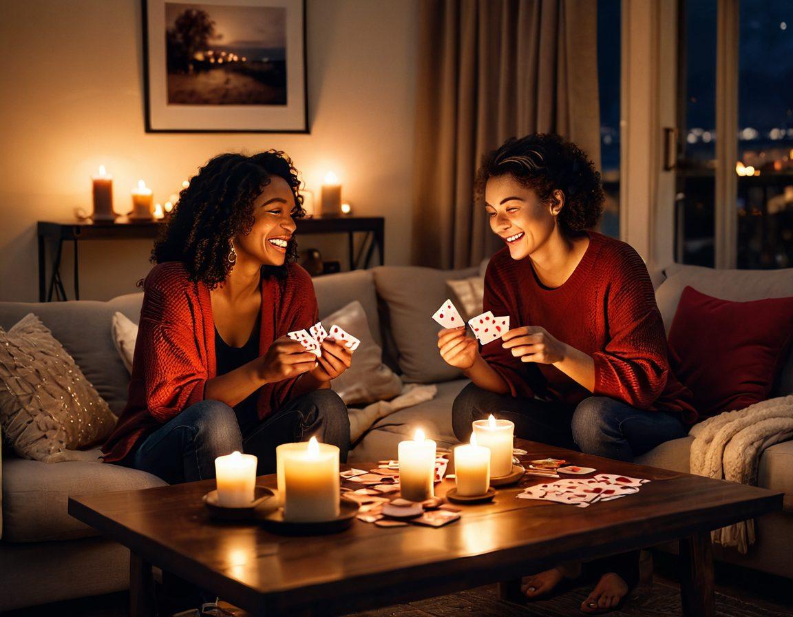 A cozy, dimly-lit living room scene with a couple laughing and playing card games on a coffee table, surrounded by flickering candles and scattered heart-shaped decorations. Soft blankets and cushions add warmth to the atmosphere. A playful deck of cards is shown prominently, along with an open bottle of wine and two glasses, symbolizing romance. The overall mood is intimate and inviting, showcasing deep connection. super-realistic. warm colors. soft lighting.